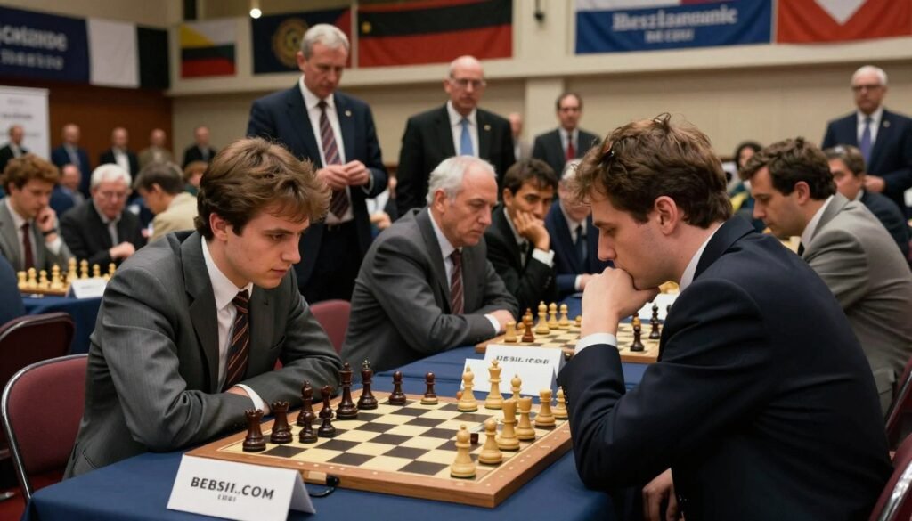 A 1998 FIDE chess tournament scene captured with a dramatic focus on the intense competition. In the foreground, two professional male chess players in tailored suits, deep in concentration, gaze at a chessboard filled with pieces mid-game, representing the climax of the knockout stages. In the middle ground, spectators with mixed expressions of excitement and anxiety watch the action, while a diverse panel of officials in formal attire observes closely. The background features the tournament venue, adorned with banners and flags, softly lit with warm overhead lights, creating a tense yet inspiring atmosphere. Use a slight overhead angle to emphasize the scale of the event. The image conveys determination and the high stakes of this iconic championship in chess history. Debsie.com.