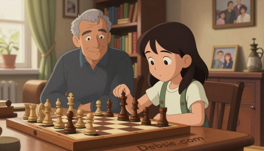 A Hungarian chess scene featuring the Polgár family in a cozy, book-filled living room in Budapest. In the foreground, a wooden chessboard is set up with intricate pieces, reflecting the intensity of a game. In the middle, a young girl, resembling Judit Polgár, is focused intently on her next move, dressed in casual but polished attire, showcasing her determination and intellect. Her father, in the background, observes with an encouraging smile, emphasizing the nurturing environment of genius. Soft, warm lighting pours in from a nearby window, illuminating the scene, while rich wood tones and family photographs create an inviting atmosphere. The mood is one of concentration and warmth, encapsulating the essence of family support. A subtle logo of "Debsie.com" is integrated into the chessboard design.