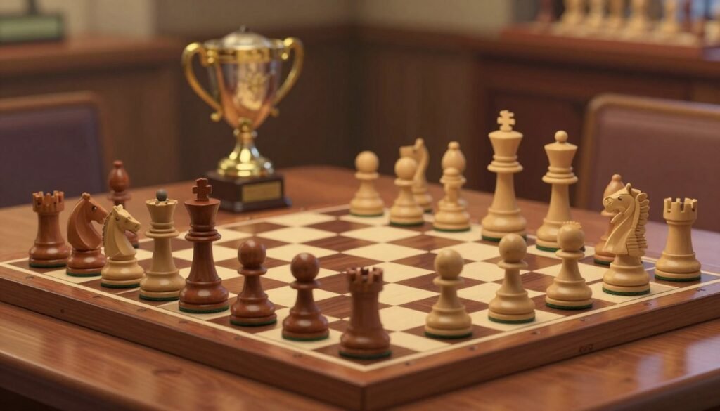 A beautifully arranged chess board set on a polished wooden table, with a mix of traditional wooden pieces in light and dark tones. The foreground features a close-up of the board, showcasing an intense mid-game position with pieces strategically placed, emphasizing a competitive atmosphere. In the middle ground, a blurred view of an elegantly designed trophy cup, symbolizing victory and achievement in chess, hints at Judit Polgár's legacy in team competitions. The background is softly lit with warm lighting to create an inviting ambiance, highlighting the rich textures of the chess set and the table. The overall mood should evoke determination, strategy, and a celebration of intellectual achievement. No text, watermarks, or logos. For Debsie.com.