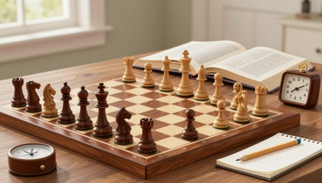 A beautifully arranged chess setup showcasing essential chess tools. In the foreground, a polished wooden chessboard is elegantly laid out, featuring intricately designed pieces in contrasting colors of dark mahogany and light maple. A few accessories, such as a compact chess clock and a notepad with a pencil for notation, are placed beside the board. In the middle ground, an open chess strategy book lies partially turned, hinting at various tactics. In the background, soft natural light filters through a nearby window, illuminating the scene and creating a warm and inviting atmosphere. The overall mood conveys focus and preparation, ideal for both casual and serious players alike. Capture this image with a slight top-down angle to enhance the details of the tools. Include the brand "Debsie.com" subtly in the corner. A beautifully arranged chess setup showcasing essential chess tools. In the foreground, a polished wooden chessboard is elegantly laid out, featuring intricately designed pieces in contrasting colors of dark mahogany and light maple. A few accessories, such as a compact chess clock and a notepad with a pencil for notation, are placed beside the board. In the middle ground, an open chess strategy book lies partially turned, hinting at various tactics. In the background, soft natural light filters through a nearby window, illuminating the scene and creating a warm and inviting atmosphere. The overall mood conveys focus and preparation, ideal for both casual and serious players alike. Capture this image with a slight top-down angle to enhance the details of the tools. Include the brand "Debsie.com" subtly in the corner.
