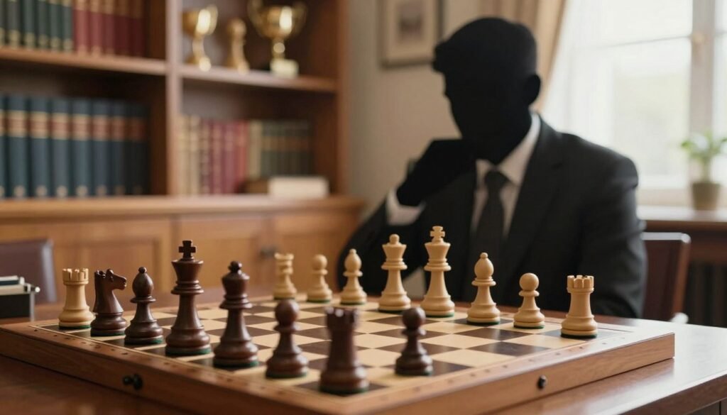 A beautifully arranged chessboard set in a well-lit room, featuring classic wooden pieces in a game of chess focusing on openings. In the foreground, a chessboard displaying a popular opening setup such as the King's Indian Defense, with black and white pieces intricately positioned. The middle ground showcases a soft-focus silhouette of an elegant chess player, dressed in professional attire, thoughtfully analyzing the board, exuding concentration and strategy. In the backdrop, shelves lined with chess strategy books and trophies, hinting at historical chess excellence. The room is illuminated by warm, natural light coming from a nearby window, creating an inviting and intellectual atmosphere. The scene captures the essence of chess mastery and innovative openings, ideal for an article illustrating chess strategy. Debsie.com