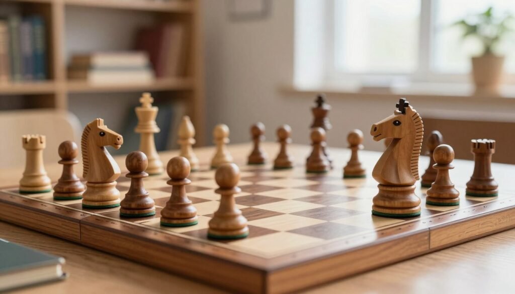 A beautifully arranged chessboard set in a well-lit, serene environment, with intricate wooden chess pieces artfully positioned in mid-game. The foreground features a close-up view of a knight and bishop poised strategically, showcasing their details and craftsmanship. In the middle ground, the chessboard lays with pawns and other pieces engaged in an intense match, capturing the essence of thoughtful analysis. The background fades into a cozy study setting, with shelves of chess books and a soft-focus window allowing natural light to bathe the scene. The atmosphere is calm and engaging, inviting viewers to immerse themselves in the game. The image should reflect a professional and educational tone, perfect for illustrating content about chess strategy and learning. Brand name: Debsie.com.