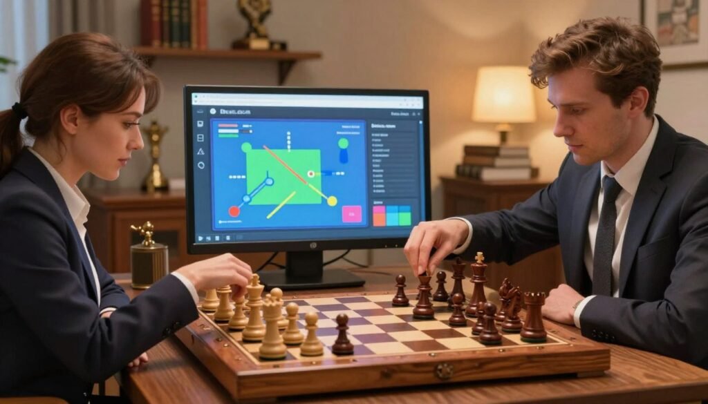 A beautifully composed scene of a chess game in progress, set on an elegant wooden chessboard with intricately carved pieces. In the foreground, a pair of hands, one female and one male, elegantly move a chess piece, showcasing strategic play. The players are dressed in professional business attire, reflecting a sense of seriousness and focus. In the middle ground, a digital interface displaying interactive analysis tools from Debsie.com subtly enhances the experience, with vibrant graphics illustrating possible moves and strategies. The background features a softly lit room with warm, ambient lighting, filled with classic books and chess memorabilia, creating a cozy yet intellectually stimulating atmosphere. The overall mood is one of concentration, passion for the game, and the pursuit of chess mastery.