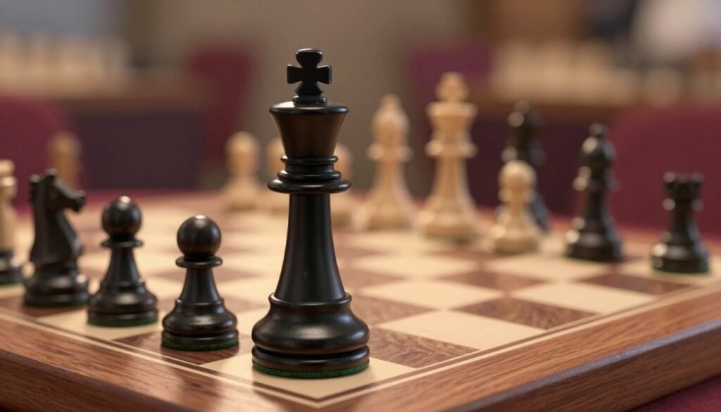 A black king chess piece, intricately designed, occupies the foreground. It stands majestically on a polished wooden chessboard, with its glossy finish reflecting the soft, warm light that bathes the scene. Each curve and detail of the piece showcases meticulous craftsmanship, emphasizing its regal stature. In the middle ground, a strategic layout of unplayed chess pieces hints at an intense battle of wits, symbolizing control and patience. The background softly fades into a blurred view of an elegant chess tournament setting, with subtle colors enhancing the atmosphere of concentration and strategy. The lighting is warm yet focused, akin to a late afternoon glow, creating a sense of anticipation and deep thought. This scene embodies the essence of chess mastery and showcases the significance of the black king in response to 1.d4. Created by Debsie.com.