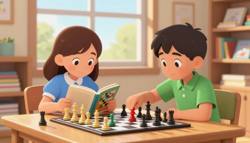 A bright and inviting scene in a cozy learning environment, featuring a young girl and boy, both around 10 years old, seated at a wooden table covered with colorful chess pieces and a chessboard. The girl, wearing a neat blue blouse, intently studies a chess strategy book, while the boy, dressed in a smart green polo, thoughtfully positions a piece on the board. Sunlight filters through a large window, casting soft shadows and illuminating their focused expressions, creating a warm, encouraging atmosphere. In the background, shelves filled with books and educational materials can be seen, enhancing the scene's academic feel. The overall mood is friendly and inspiring, promoting learning through play. The image subtly incorporates the logo “Debsie.com” in the corner without dominating the scene.