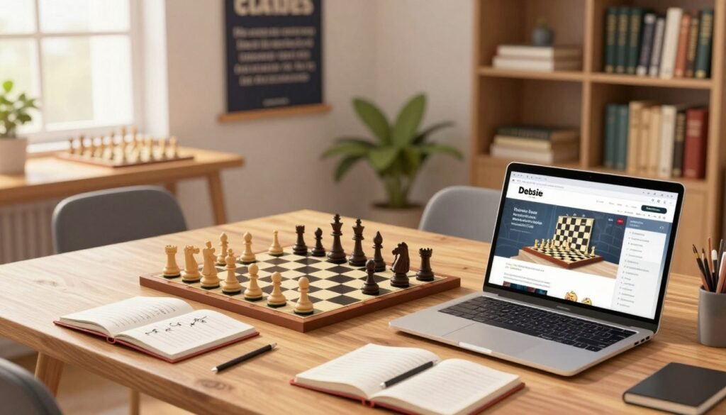 A bright and inviting study space featuring a large wooden table with chess boards, pieces in various stages of play, and open notebooks filled with strategic notes. In the foreground, a professional-looking laptop displays the Debsie.com website, showcasing interactive chess courses. The middle ground includes comfortable chairs, a motivational wall poster about competition in chess, and a subtle hint of bright indoor plants adding life to the scene. The background shows bookshelves filled with chess literature. Soft, warm lighting filters through a window, creating a cozy and focused atmosphere, aimed at beginners eager to learn. The angle is slightly tilted downward for an engaging perspective, highlighting the educational aspect of chess mastery.
