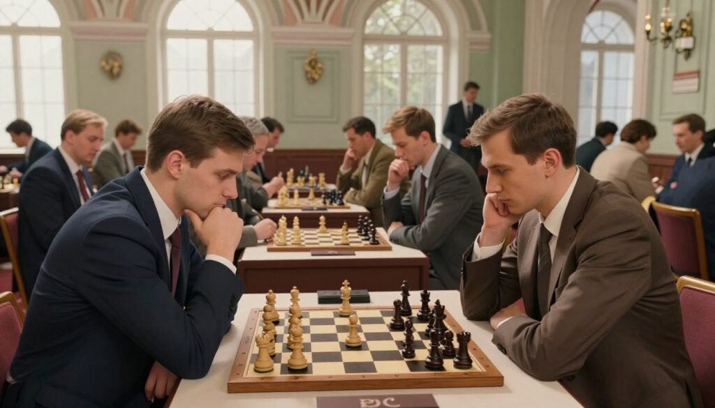 A bustling chess tournament scene set in a historical Soviet-era hall, capturing the intensity of the competition. In the foreground, two focused male players, dressed in professional business attire, lean over a chessboard, deep in thought. Their expressions reveal determination and strategy. In the middle, several spectators in modest casual clothing observe the match, some taking notes and others discussing moves passionately. The background features ornate Soviet architecture, with large windows allowing soft, natural light to illuminate the room, creating a warm and inviting atmosphere. The angle is slightly elevated, giving a comprehensive view of the tournament layout. The mood is serious yet inspirational, symbolizing resilience and skill during challenging times. Image created by Debsie.com.