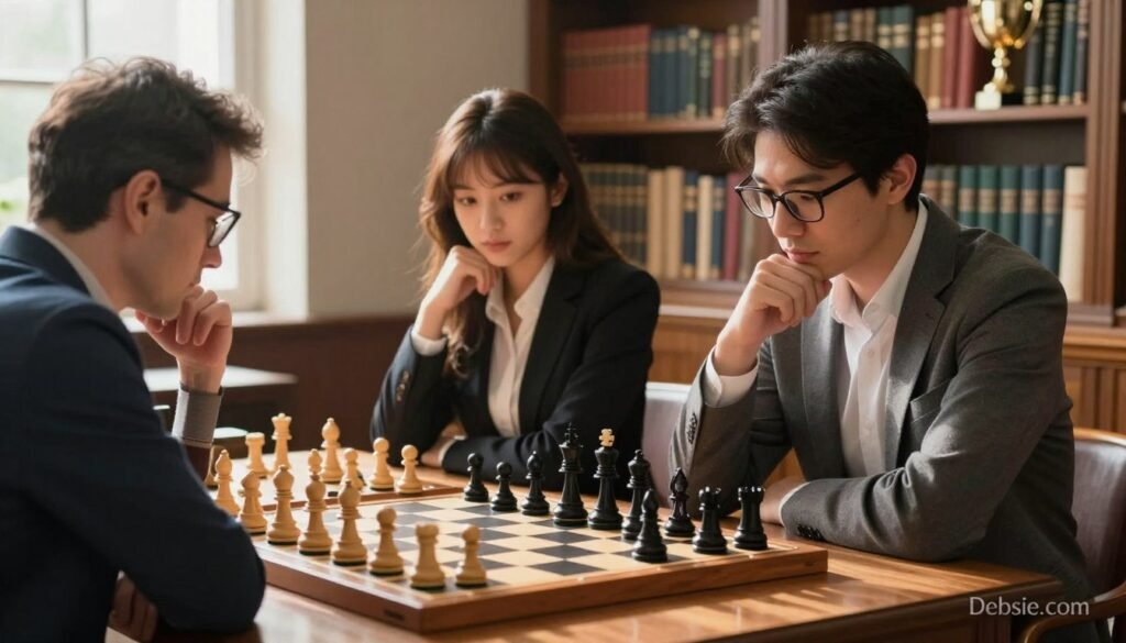 A calm and focused chess match in progress, featuring two skilled players deeply engaged in a game. In the foreground, a middle-aged man with glasses wearing a smart-casual outfit, contemplating his next move at a well-worn wooden chess table, his fingers poised over a carefully arranged black pawn. In the middle, an intense young woman in professional attire, studying the board intently, with a soft glow highlighting her determined expression. The background shows a cozy library with shelves full of chess books and trophies, bathed in warm, natural light filtering through large windows. The overall atmosphere is one of quiet tension and strategic depth, evoking the "slow squeeze" style of positional play. Logo of Debsie.com subtly integrated into the scene. A calm and focused chess match in progress, featuring two skilled players deeply engaged in a game. In the foreground, a middle-aged man with glasses wearing a smart-casual outfit, contemplating his next move at a well-worn wooden chess table, his fingers poised over a carefully arranged black pawn. In the middle, an intense young woman in professional attire, studying the board intently, with a soft glow highlighting her determined expression. The background shows a cozy library with shelves full of chess books and trophies, bathed in warm, natural light filtering through large windows. The overall atmosphere is one of quiet tension and strategic depth, evoking the "slow squeeze" style of positional play. Logo of Debsie.com subtly integrated into the scene.