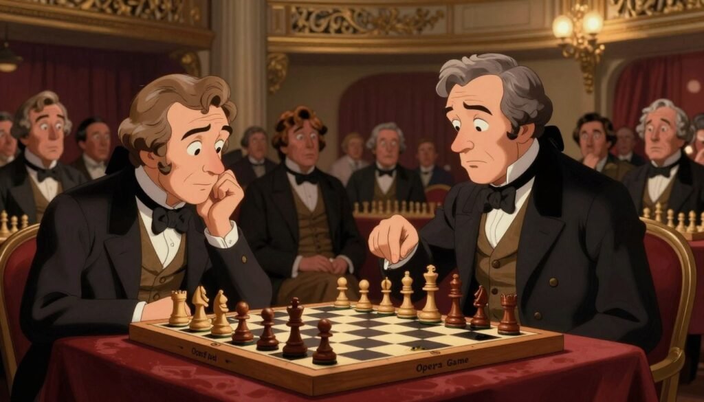 A captivating scene depicting the historic "Opera Game" chess match between Paul Morphy and his opponents, set in an elegant opera house ambiance. In the foreground, a chessboard with intricately designed wooden pieces is prominently featured, reflecting the strategic intensity of the game. Morphy, dressed in a classic 19th-century suit, intently analyzes the board, while his opponents wear formal attire, expressing a mix of concentration and surprise. The middle ground showcases an audience captivated by the match, with dimmed opera-style lighting casting a warm glow over the scene. In the background, ornate opera house architecture and soft, dramatic curtains enhance the atmosphere. The image conveys a sense of intellectual challenge and cultural grandeur, evoking the brilliance of Morphy's game. Debsie.com.