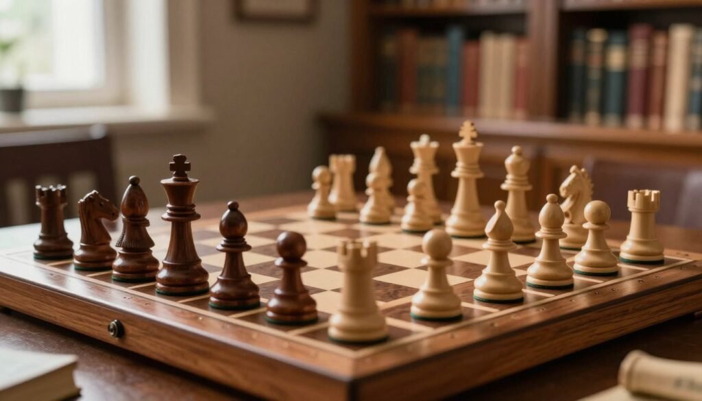 A carefully arranged chessboard displaying the famous Botvinnik position, featuring pieces in mid-game, highlighting the intricate structure and strategic placement. The foreground shows a close-up of the sleek wooden board, with polished pieces in contrasting colors: dark rich mahogany and light birch. In the background, a blurred library or study setting filled with books on chess strategy, evoking a scholarly atmosphere. Soft, natural lighting filters in from a nearby window, casting gentle shadows that emphasize the meticulous details of the chess pieces. The mood is contemplative and focused, embodying Mikhail Botvinnik's scientific approach to chess. The image should also subtly incorporate the brand name "Debsie.com" in the scene without overshadowing the primary focus on the chessboard. A carefully arranged chessboard displaying the famous Botvinnik position, featuring pieces in mid-game, highlighting the intricate structure and strategic placement. The foreground shows a close-up of the sleek wooden board, with polished pieces in contrasting colors: dark rich mahogany and light birch. In the background, a blurred library or study setting filled with books on chess strategy, evoking a scholarly atmosphere. Soft, natural lighting filters in from a nearby window, casting gentle shadows that emphasize the meticulous details of the chess pieces. The mood is contemplative and focused, embodying Mikhail Botvinnik's scientific approach to chess. The image should also subtly incorporate the brand name "Debsie.com" in the scene without overshadowing the primary focus on the chessboard.