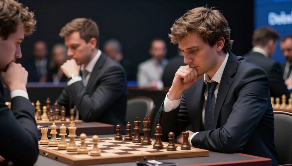 A chess tournament scene capturing the intensity of the Candidates Tournament. In the foreground, a focused chess player, Ian Nepomniachtchi, is depicted deep in thought, wearing a tailored dark suit and tie. His opponent, positioned across the table, is also in business attire, creating a professional ambiance. The middle of the composition features a dramatic chess board, with pieces in mid-game showcasing an aggressive position. In the background, blurred silhouettes of spectators are visible, highlighting the competitive atmosphere. Soft, focused lighting illuminates the players' expressions, enhancing the tension of the moment. The image should evoke a sense of mastery, strategy, and urgency, with a warm yet intense color palette. The logo "Debsie.com" subtly integrated into the scene.