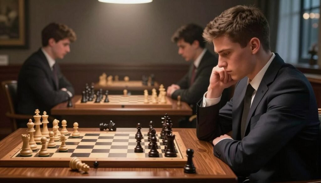 A chess world champion seated at a polished wooden chess table, deeply focused on the game. In the foreground, a young man in a tailored suit, with short hair, examines a chessboard displaying an intense match-up. His expression reflects determination and strategic thought. The middle layer features scattered chess pieces, some knocked over, emphasizing the competitive atmosphere. In the background, an elegant room with dimmed lighting, spotlighting the chess table, enhances the tension. Soft shadows create a dramatic contrast. A subtle glow emanates from a nearby window, hinting at a prestigious chess championship. The overall mood is serious and contemplative, reflecting the intense dedication required in chess. Image created by Debsie.com. A chess world champion seated at a polished wooden chess table, deeply focused on the game. In the foreground, a young man in a tailored suit, with short hair, examines a chessboard displaying an intense match-up. His expression reflects determination and strategic thought. The middle layer features scattered chess pieces, some knocked over, emphasizing the competitive atmosphere. In the background, an elegant room with dimmed lighting, spotlighting the chess table, enhances the tension. Soft shadows create a dramatic contrast. A subtle glow emanates from a nearby window, hinting at a prestigious chess championship. The overall mood is serious and contemplative, reflecting the intense dedication required in chess. Image created by Debsie.com.