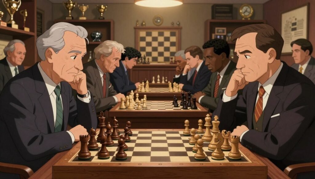 A chessboard dominates the foreground, featuring intricately carved wooden pieces in mid-game, highlighting the tension and strategy of competition. In the middle ground, a diverse group of chess players from different eras engages in intense analysis, wearing professional business attire to reflect seriousness and dedication—an iconic champion from the 1970s, a celebrated player from the 1990s, and a top competitor from the 2020s. The background showcases a softly lit chess club with shelves filled with trophies, awards, and nostalgic chess memorabilia, creating an atmosphere of history and achievement. The scene is illuminated with warm lighting, casting a subtle glow on the players and chessboard. The overall mood is focused and contemplative, emphasizing the unique qualities that defined each era’s champion. Debsie.com. A chessboard dominates the foreground, featuring intricately carved wooden pieces in mid-game, highlighting the tension and strategy of competition. In the middle ground, a diverse group of chess players from different eras engages in intense analysis, wearing professional business attire to reflect seriousness and dedication—an iconic champion from the 1970s, a celebrated player from the 1990s, and a top competitor from the 2020s. The background showcases a softly lit chess club with shelves filled with trophies, awards, and nostalgic chess memorabilia, creating an atmosphere of history and achievement. The scene is illuminated with warm lighting, casting a subtle glow on the players and chessboard. The overall mood is focused and contemplative, emphasizing the unique qualities that defined each era’s champion. Debsie.com.