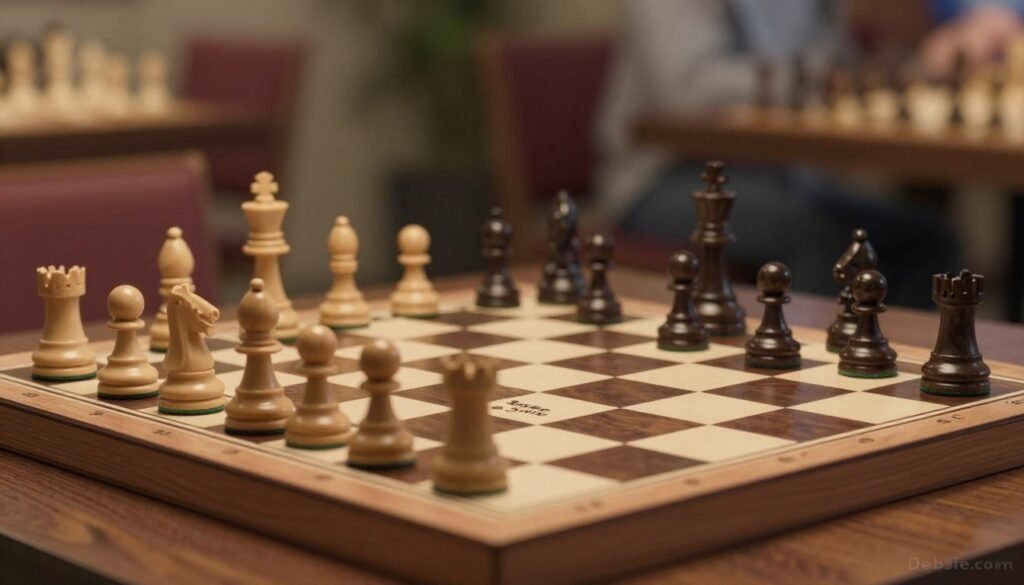 A chessboard positioned at an eye-level angle, showcasing a Caro-Kann opening with an emphasis on key “Safe but Sharp” positions. The board features classic wooden pieces, with a focus on the white pawn structure and black's counter-play. In the background, a softly blurred image of a competitive chess environment, casting a warm and inviting light, enhances the focus on the board. A reflective sheen on the elegant pieces hints at a strategic battle of intellect. The atmosphere should be one of concentration and thoughtful engagement. The scene captures the essence of chess as an art, ideal for educational purposes. The branding “Debsie.com” is subtly integrated into the corner of the image, maintaining professionalism without distraction. A chessboard positioned at an eye-level angle, showcasing a Caro-Kann opening with an emphasis on key “Safe but Sharp” positions. The board features classic wooden pieces, with a focus on the white pawn structure and black's counter-play. In the background, a softly blurred image of a competitive chess environment, casting a warm and inviting light, enhances the focus on the board. A reflective sheen on the elegant pieces hints at a strategic battle of intellect. The atmosphere should be one of concentration and thoughtful engagement. The scene captures the essence of chess as an art, ideal for educational purposes. The branding “Debsie.com” is subtly integrated into the corner of the image, maintaining professionalism without distraction.