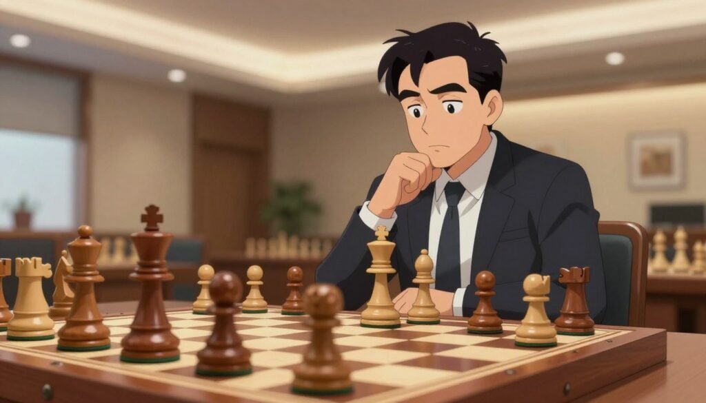 A chessboard set for an intense endgame scenario, featuring elegant wooden pieces in classic design, with a focus on a poised grandmaster analyzing the board. The foreground includes a close-up of the chess pieces, showcasing their intricate details and polished finish. In the middle ground, the grandmaster, dressed in professional business attire, sits with a contemplative expression, deep in thought. The background features soft, blurred elements of a well-lit chess hall, with warm overhead lighting creating a focused atmosphere. The overall mood is one of concentration and mastery, capturing the essence of strategic gameplay. The image should reflect the sophistication and skill of the best endgame chess players. Designed for Debsie.com. A chessboard set for an intense endgame scenario, featuring elegant wooden pieces in classic design, with a focus on a poised grandmaster analyzing the board. The foreground includes a close-up of the chess pieces, showcasing their intricate details and polished finish. In the middle ground, the grandmaster, dressed in professional business attire, sits with a contemplative expression, deep in thought. The background features soft, blurred elements of a well-lit chess hall, with warm overhead lighting creating a focused atmosphere. The overall mood is one of concentration and mastery, capturing the essence of strategic gameplay. The image should reflect the sophistication and skill of the best endgame chess players. Designed for Debsie.com.