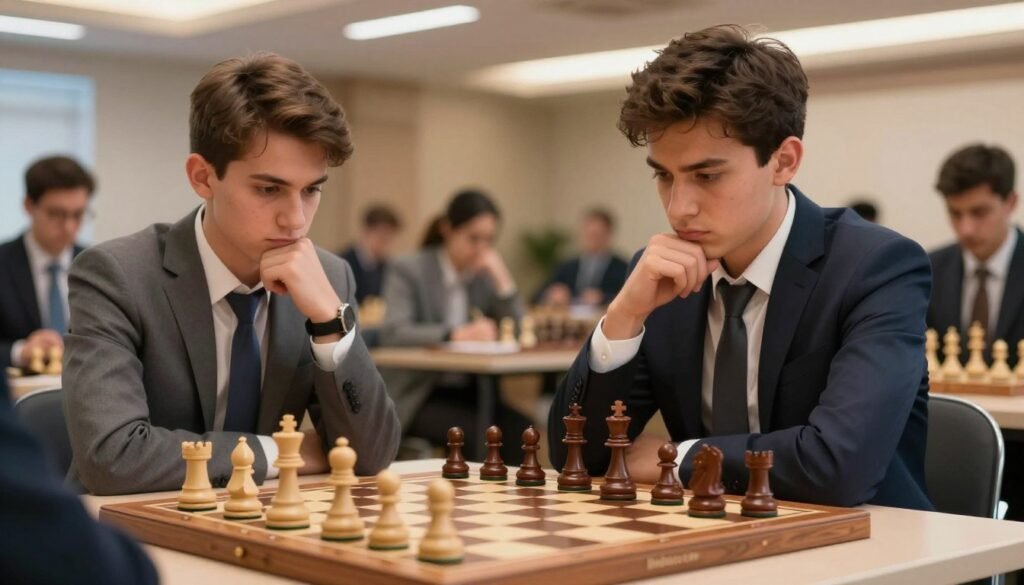 A chessboard set in a well-lit, modern tournament hall, showcasing a pair of intense competitors deep in thought during a pivotal moment of a game. In the foreground, a close-up of a beautifully crafted wooden chessboard with pieces strategically placed, reflecting the tension in their decision-making. The middle ground features two players, one of them a prominent leader in professional chess, dressed in tailored suits, with focused expressions that capture the pressure of the tournament. Behind them, a slightly blurred audience of onlookers, some taking notes, others engaged in quiet conversation, adds depth to the scene. Warm, ambient lighting illuminates the players' faces, while soft shadows enhance the dramatic atmosphere. The composition should evoke a sense of rivalry and tension, embodying the spirit of competitive chess. Include the brand name "Debsie.com" subtly in the design.
