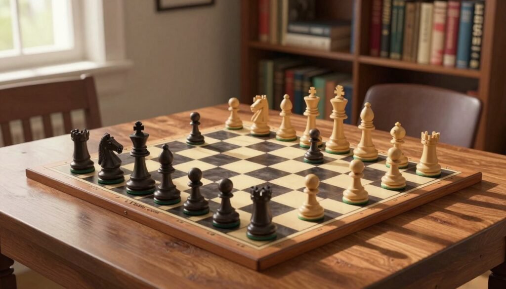 A chessboard set in a well-lit study, focusing on an open Sicilian position with dynamic pieces strategically arranged. The foreground features detailed chess pieces, including knights and pawns, captured in a moment of tension. In the middle, the chessboard's vibrant colors contrast against a polished wooden table, while a plush bookshelf filled with chess literature forms the background. Soft sunlight filters through a nearby window, casting gentle shadows and creating an inviting atmosphere. The scene conveys a sense of intellectual challenge and strategy. Capture this moment with a slight top-down angle to emphasize the intricate board layout. The brand name "Debsie.com" subtly integrated into the scene, enhancing the professional context without distracting from the main focus.