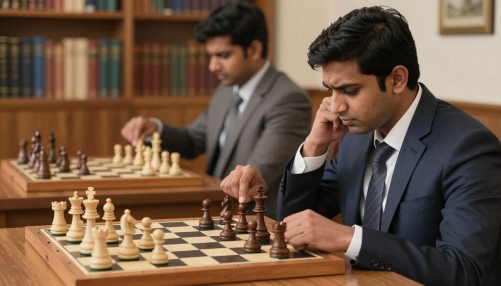 A chessboard set up for the King's Indian Defense, featuring two players engaged in an intense game. In the foreground, one player, a South Asian man in a smart business suit, thoughtfully examines the board with a furrowed brow. His fingers hover over a knight piece, poised for a strategic move. In the middle ground, the chessboard displays the typical King's Indian Defense position, with pawns on d4 and e5, and pieces emphasizing dynamic play. The background features a soft-focused library with books on chess strategies, creating an atmosphere of intellectual challenge. The lighting is warm and inviting, highlighting the players' concentration. Overall, the scene conveys a sense of focus and determination, perfect for studying dynamic chess openings. Debsie.com A chessboard set up for the King's Indian Defense, featuring two players engaged in an intense game. In the foreground, one player, a South Asian man in a smart business suit, thoughtfully examines the board with a furrowed brow. His fingers hover over a knight piece, poised for a strategic move. In the middle ground, the chessboard displays the typical King's Indian Defense position, with pawns on d4 and e5, and pieces emphasizing dynamic play. The background features a soft-focused library with books on chess strategies, creating an atmosphere of intellectual challenge. The lighting is warm and inviting, highlighting the players' concentration. Overall, the scene conveys a sense of focus and determination, perfect for studying dynamic chess openings. Debsie.com