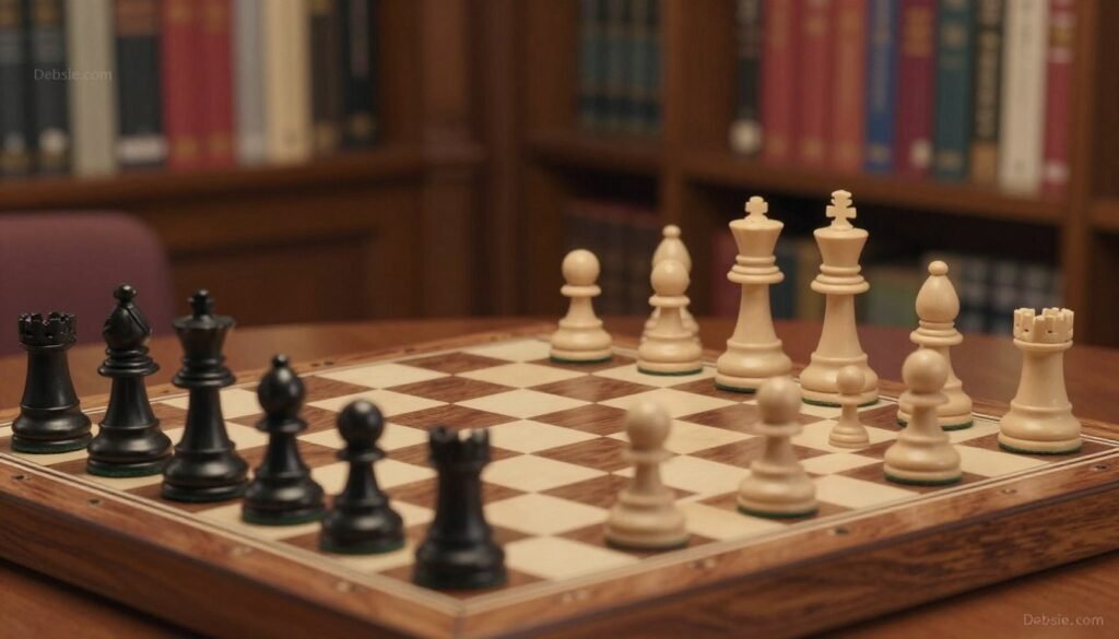 A chessboard set up for the opening positions of the Queen’s Gambit and Indian setups, showcasing the pieces in a tense moment of strategy. In the foreground, black and white chess pieces are meticulously arranged, with a focus on the pawns and bishops ready to advance. The middle ground depicts a classic wooden chessboard, its rich textures illuminated by soft, warm lighting that suggests an inviting atmosphere. The background features a blurred bookshelf filled with chess literature, hinting at knowledge and strategy. The image embodies a sense of calm concentration and determination, perfect for an article about chess strategies. The branding "Debsie.com" subtly integrated within the image context.