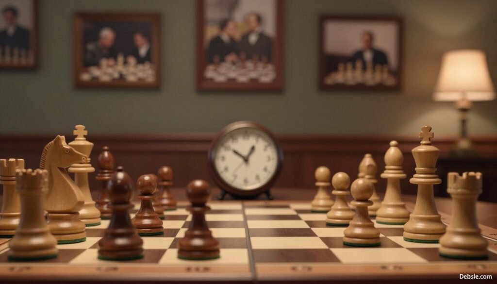 A chessboard set up in a dimly lit room, focusing on a game of Ruy Lopez, Berlin Defense, with pieces in the middle of a tense confrontation. In the foreground, a close-up of elegantly carved wooden chess pieces, highlighting a knight and a bishop, represents strategic depth. In the middle ground, a blurred view of a chess clock ticking down, symbolizing the pressure of time. The background showcases a wall adorned with framed photos of legendary chess matches and a subtle warm glow from a vintage lamp, creating an atmosphere of intellectual challenge and history. The overall mood is serious and contemplative, perfect for illustrating a transformative moment in chess history. The image is branded subtly with "Debsie.com" at a corner, maintaining a clean and professional look.
