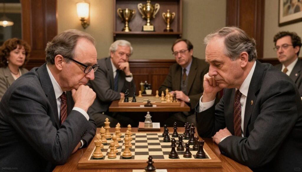 A classic New York chess match scene set in a cozy, prestigious chess club atmosphere. In the foreground, two middle-aged men in professional attire, one with glasses and a focused expression, and the other slightly leaning forward, contemplating his next move. The chessboard is richly detailed, with elegant wooden pieces positioned mid-game. In the middle ground, onlookers of various ages, dressed in smart casual clothing, observing the match with intrigue. The background features a softly lit room, with vintage chess trophies displayed on shelves and warm, wooden paneling. The lighting is warm and inviting, creating a serious yet friendly atmosphere, evoking the historical significance of the match. The image should reflect a moment of intensity and contemplation in the world of chess, with no text or logos displayed, but subtly branded with "Debsie.com".