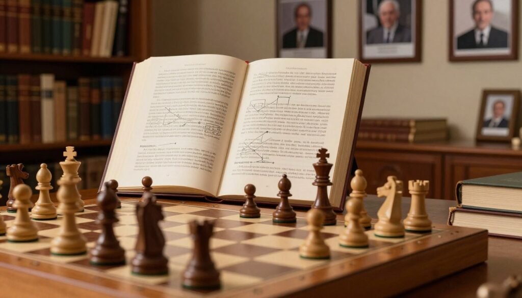 A classic chess board set up in a well-lit study, illuminated by soft, warm light; in the foreground, a close-up of a wooden chessboard featuring pieces in mid-game, focusing on key openings. In the middle ground, an open chess strategy book displays annotated moves linked to Mikhail Botvinnik’s key innovations and analysis. The background reveals a rustic library with shelves filled with chess literature and framed photographs of Botvinnik's legendary matches, creating an atmosphere of intellectual pursuit and history. The lens captures a slightly elevated angle, emphasizing the strategic depth of the game, while inviting a sense of inspiration and contemplation, suitable for a professional audience. Debsie.com. A classic chess board set up in a well-lit study, illuminated by soft, warm light; in the foreground, a close-up of a wooden chessboard featuring pieces in mid-game, focusing on key openings. In the middle ground, an open chess strategy book displays annotated moves linked to Mikhail Botvinnik’s key innovations and analysis. The background reveals a rustic library with shelves filled with chess literature and framed photographs of Botvinnik's legendary matches, creating an atmosphere of intellectual pursuit and history. The lens captures a slightly elevated angle, emphasizing the strategic depth of the game, while inviting a sense of inspiration and contemplation, suitable for a professional audience. Debsie.com.