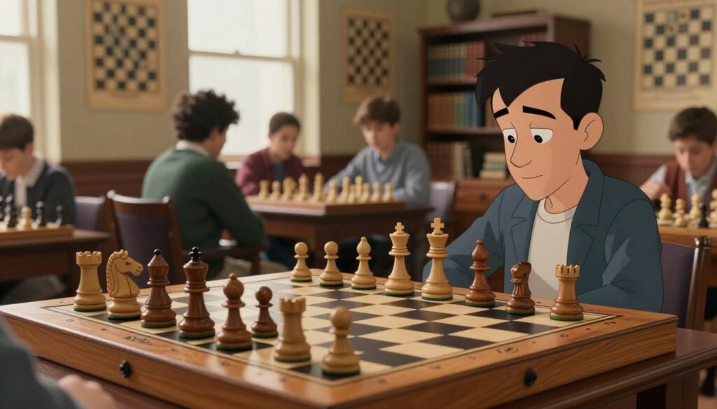 A classic chess scene capturing a richly detailed chessboard set up for a game. In the foreground, a beautifully crafted wooden chessboard with intricately carved pieces, including a knight, bishop, and queen, all positioned mid-game. The middle ground features a soft-focus view of a well-lit room reminiscent of a traditional chess school, with warm tones illuminating the space, highlighting a few students in modest casual clothing analyzing the board. In the background, vintage chess posters and a bookshelf filled with chess literature, evoking a sense of history and knowledge. Soft, natural lighting filters in from a window, creating a thoughtful atmosphere. The mood is contemplative and intense, ideal for illustrating the foundations of chess mastery. Image by Debsie.com.