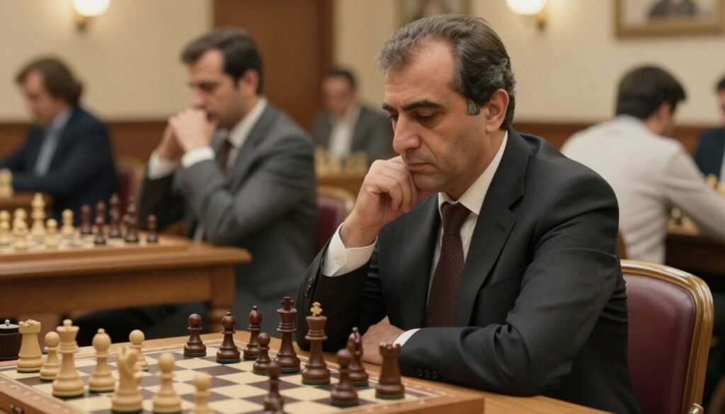 A classic chess scene depicting Tigran Petrosian in a tense match, embodying his renowned defensive style. Foreground: focus on Petrosian, a middle-aged Armenian man with a thoughtful expression, dressed in a professional suit, sitting at a chessboard with a strategic setup of pieces. Middle: a few scattered chess pieces in play, creating a sense of depth, and conveying the intensity of thought. Background: a softly blurred chess club atmosphere with warm lighting, wooden tables, and spectators engrossed in the game. The mood should be serious yet contemplative, highlighting the complexity and gravitas of high-level chess. Lighting should be soft, emphasizing the subject without harsh shadows. The image should encapsulate the essence of tactical brilliance and respectful competition in chess. Debsie.com. A classic chess scene depicting Tigran Petrosian in a tense match, embodying his renowned defensive style. Foreground: focus on Petrosian, a middle-aged Armenian man with a thoughtful expression, dressed in a professional suit, sitting at a chessboard with a strategic setup of pieces. Middle: a few scattered chess pieces in play, creating a sense of depth, and conveying the intensity of thought. Background: a softly blurred chess club atmosphere with warm lighting, wooden tables, and spectators engrossed in the game. The mood should be serious yet contemplative, highlighting the complexity and gravitas of high-level chess. Lighting should be soft, emphasizing the subject without harsh shadows. The image should encapsulate the essence of tactical brilliance and respectful competition in chess. Debsie.com.