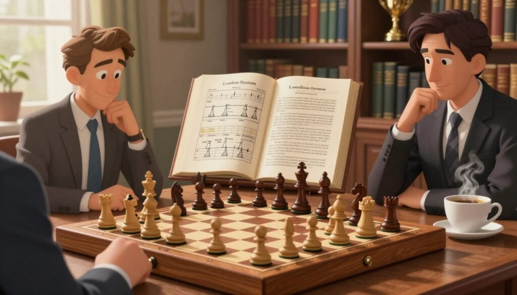 A classic chess scene featuring an elegant wooden chessboard set up in the London System opening position, pieces arranged strategically with attention to detail. In the foreground, a pair of hands, one male and one female, both dressed in professional business attire, are thoughtfully analyzing the board. The middle ground shows an open strategy book, with highlighted diagrams of the London System, positioned beside a steaming cup of coffee. In the background, a softly lit cozy study with bookshelves filled with chess literature and trophies adds warmth and depth. Light filters through a nearby window, creating a calming atmosphere that invites learning and contemplation. The overall mood is friendly and intellectual, emphasizing a professional approach to mastering chess openings. Branding subtly included: "Debsie.com". A classic chess scene featuring an elegant wooden chessboard set up in the London System opening position, pieces arranged strategically with attention to detail. In the foreground, a pair of hands, one male and one female, both dressed in professional business attire, are thoughtfully analyzing the board. The middle ground shows an open strategy book, with highlighted diagrams of the London System, positioned beside a steaming cup of coffee. In the background, a softly lit cozy study with bookshelves filled with chess literature and trophies adds warmth and depth. Light filters through a nearby window, creating a calming atmosphere that invites learning and contemplation. The overall mood is friendly and intellectual, emphasizing a professional approach to mastering chess openings. Branding subtly included: "Debsie.com".
