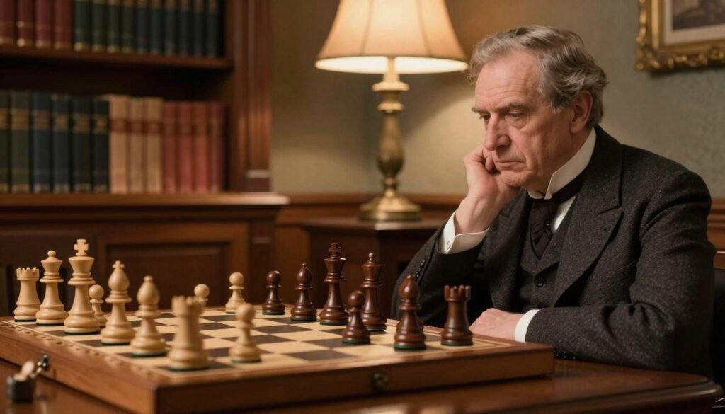 A classic chess scene illustrating the concept of "positional play," featuring a wooden chessboard with elegantly carved pieces. In the foreground, a thoughtful older gentleman in professional attire, representing Wilhelm Steinitz, studies the board intently. His expression conveys deep concentration, embodying the "slow squeeze" strategy. The middle ground showcases an intricate arrangement of chess pieces, some advancing slowly and others strategically poised for defense, symbolizing tactical positioning. The background features a softly lit library with shelves of chess books, adding to the scholarly atmosphere. Warm lighting emanates from an antique lamp, creating a cozy, focused mood for this historical moment in chess. The image is meant to reflect the essence of modern positional play. Debsie.com A classic chess scene illustrating the concept of "positional play," featuring a wooden chessboard with elegantly carved pieces. In the foreground, a thoughtful older gentleman in professional attire, representing Wilhelm Steinitz, studies the board intently. His expression conveys deep concentration, embodying the "slow squeeze" strategy. The middle ground showcases an intricate arrangement of chess pieces, some advancing slowly and others strategically poised for defense, symbolizing tactical positioning. The background features a softly lit library with shelves of chess books, adding to the scholarly atmosphere. Warm lighting emanates from an antique lamp, creating a cozy, focused mood for this historical moment in chess. The image is meant to reflect the essence of modern positional play. Debsie.com