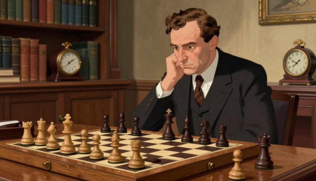 A classic chess scene illustrating the concepts behind the "positional revolution" of Wilhelm Steinitz in 1873. In the foreground, an elegantly crafted wooden chessboard with pieces strategically placed, showcasing a complex middlegame position that reflects Steinitz’s theories, emphasizing control of the center. The middle ground features an intense chess player, dressed in professional business attire, thoughtfully analyzing the board with a focused expression. In the background, a softly lit Victorian-style study, with bookshelves filled with classic chess literature and a vintage chess clock, creating an atmosphere of intellectual pursuit. Warm, ambient lighting casts gentle shadows, enhancing the richness of the scene. Minimalistic and informative, this representation captures the essence of Steinitz's innovative ideas in chess. Image by Debsie.com.