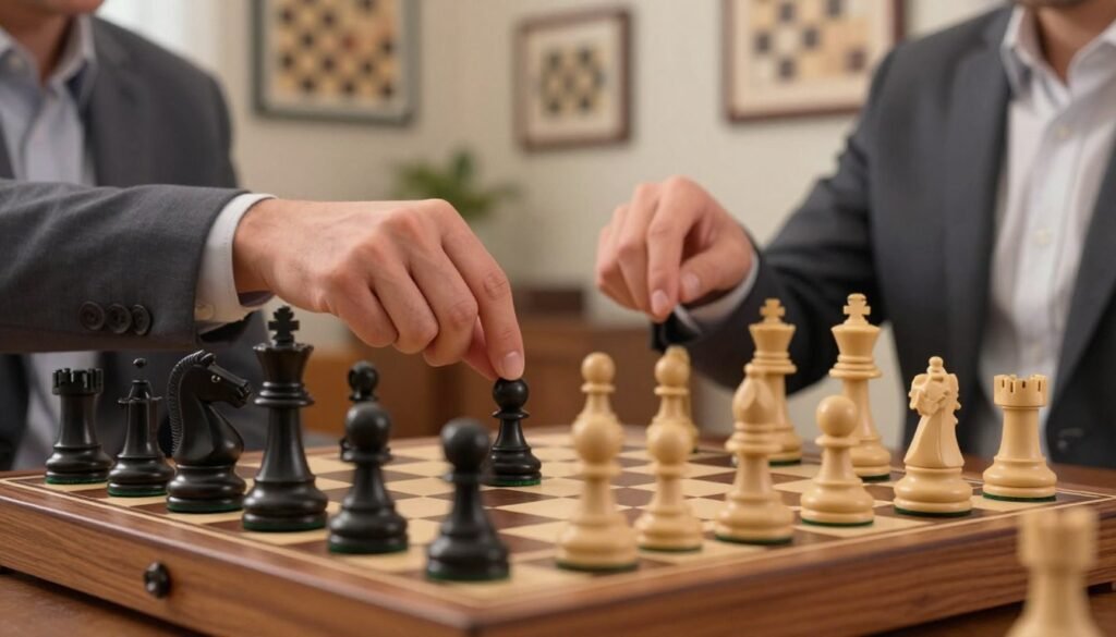 A close-up of a beautifully crafted wooden chessboard in the foreground, featuring a clash of traditional black and white pieces in mid-game. The pieces are arranged dynamically, with a knight about to capture a pawn. In the middle, a pair of focused hands, casually but professionally dressed, hover above the board, showcasing the intensity of a speed chess match. The background reveals a soft blur of a cozy, well-lit room adorned with chess-themed artwork, creating an inviting atmosphere. The warm light casts subtle shadows on the board, highlighting the intricate details of the chess pieces. Emphasizing the essence of high-stakes strategy, the overall mood conveys concentration and competitive spirit. Include a faint logo of "Debsie.com" subtly integrated into the scene without any text or overt branding.