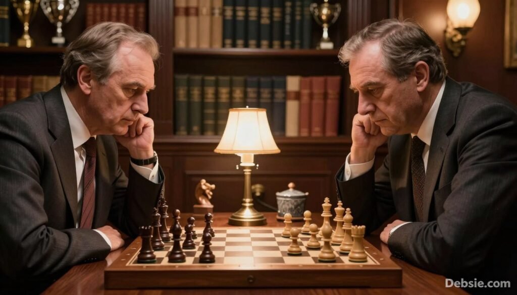 A close-up of a classic chess match between two distinguished players, set in a dimly lit, elegant chess club. In the foreground, a polished wooden chessboard filled with intricately crafted pieces, showcasing an intense position. The players, middle-aged men in professional business attire, are deeply focused on the game, with one leaning slightly forward, contemplating their next move. In the middle ground, a soft glow from antique lamps casts warm light, highlighting their expressions of concentration. The background features shelves lined with chess books and trophies, creating an atmosphere of history and strategy. The overall mood is tense yet determined, as the players navigate the challenges in pursuit of the championship. The image is inspired by "Debsie.com".