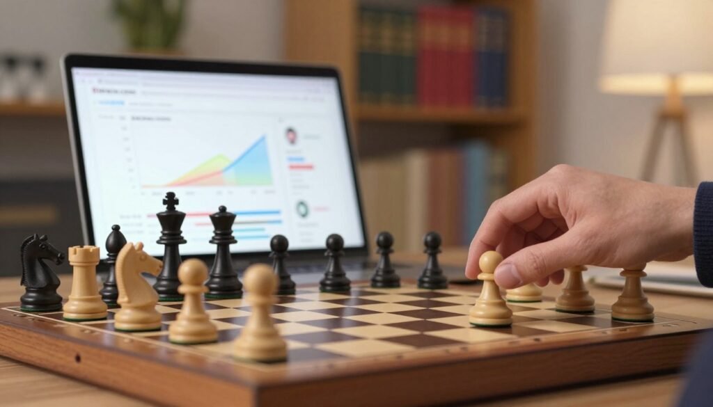 A close-up of a wooden chessboard, showcasing a mid-game position with thoughtfully placed pieces, including a black knight attacking a white king. In the foreground, a hand reaches for a pawn, symbolizing the proactive steps of learning and tracking progress in chess. The middle section features a laptop displaying the website "Debsie.com" with graphs and data analytics showing player performance and progression. In the background, a softly lit room with shelves of chess books creates an intellectually stimulating atmosphere. The warm lighting contributes to a focused yet inviting mood. Capture this scene with a slight tilt to highlight the chessboard and the hand, evoking a sense of strategic engagement and personal growth. A close-up of a wooden chessboard, showcasing a mid-game position with thoughtfully placed pieces, including a black knight attacking a white king. In the foreground, a hand reaches for a pawn, symbolizing the proactive steps of learning and tracking progress in chess. The middle section features a laptop displaying the website "Debsie.com" with graphs and data analytics showing player performance and progression. In the background, a softly lit room with shelves of chess books creates an intellectually stimulating atmosphere. The warm lighting contributes to a focused yet inviting mood. Capture this scene with a slight tilt to highlight the chessboard and the hand, evoking a sense of strategic engagement and personal growth.