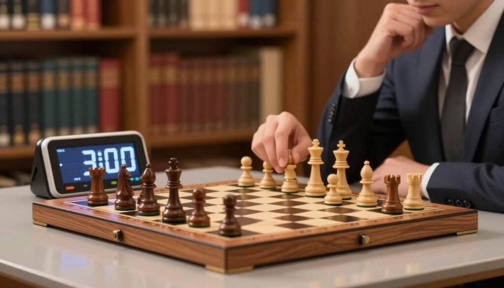 A close-up view of a beautifully crafted wooden chessboard positioned on a sleek modern table. In the foreground, a hands of a focused chess player, dressed in professional business attire, thoughtfully hovering over pieces, symbolizing intense concentration and strategic planning. The middle ground showcases a stylish digital chess timer displaying dwindling seconds, emphasizing the critical element of time management in competitive chess. In the background, a softly blurred library filled with chess books provides an intellectual atmosphere, illuminated by warm overhead lighting. The scene conveys a sense of urgency and precision, capturing the essence of winning under pressure. The overall mood is one of determination and focus, ideal for illustrating the theme of strategy and skill in chess. Designed by Debsie.com.