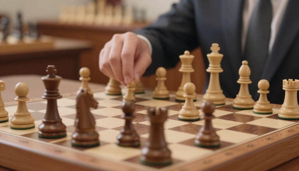 A close-up view of a chessboard featuring intricate pawn structures characteristic of the 1.d4 opening. The foreground showcases various pawn formations such as pawn chains and doubled pawns, emphasizing their strategic placement. In the middle ground, a hand can be seen subtly positioned as if preparing for the next move, wearing a neatly tailored business attire. The background blurs slightly, hinting at a well-organized chess club environment with wooden tables and classic books on chess strategy. Soft, warm lighting creates an inviting atmosphere, enhancing the focus on the chess pieces. The angle is slightly above the board, capturing the depth of the pawns while maintaining clarity on the overall scene. This image, designed for an educational article, should evoke a sense of strategy and contemplation. Debsie.com