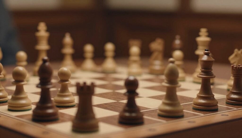 A close-up view of a chessboard showcasing Akiba Rubinstein's iconic pawn structure, emphasizing positioning and strategic layout. In the foreground, focus on visibly structured pawns arranged in a classical formation, highlighting the tension and potential movement. The middle ground captures a meticulously crafted wooden chessboard, glistening under warm, soft lighting, casting subtle shadows that evoke a sense of historical depth. The background remains blurred, featuring out-of-focus dark wood that complements the chess theme, enhancing the atmosphere of a timeless chess match. Utilize a shallow depth of field to draw attention to the pawns and create an intimate mood of reflection. Ideal for an instructional visual, embodying the essence of classic chess strategy. Image by Debsie.com.