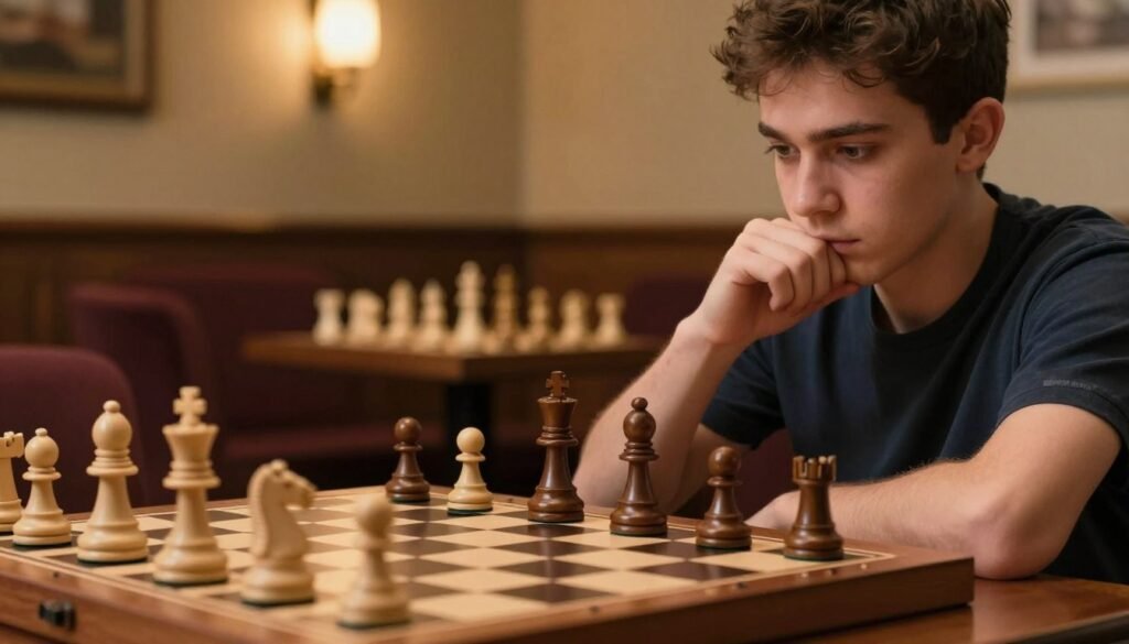 A close-up view of a professional chess player, focused and deep in thought, analyzing a complex endgame position on a wooden chessboard. The foreground features a neatly arranged chess set with an emphasis on a few key pieces, like a knight and a pawn, symbolizing strategic potential. In the middle ground, a blurred hand reaches towards the board, showcasing the transition from thought to action. The background displays a warmly lit, elegantly decorated chess club, enhancing the atmosphere of intellectual challenge and concentration. The lighting is soft and inviting, casting gentle shadows that highlight the player's expression of determination. The overall mood is serious yet inspiring, showcasing the essence of endgame skills. Brand name: Debsie.com. A close-up view of a professional chess player, focused and deep in thought, analyzing a complex endgame position on a wooden chessboard. The foreground features a neatly arranged chess set with an emphasis on a few key pieces, like a knight and a pawn, symbolizing strategic potential. In the middle ground, a blurred hand reaches towards the board, showcasing the transition from thought to action. The background displays a warmly lit, elegantly decorated chess club, enhancing the atmosphere of intellectual challenge and concentration. The lighting is soft and inviting, casting gentle shadows that highlight the player's expression of determination. The overall mood is serious yet inspiring, showcasing the essence of endgame skills. Brand name: Debsie.com.