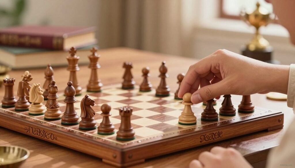 A close-up view of a traditional Indian chess set, intricately carved from wood, showcasing detailed pieces representing Indian culture. In the foreground, a hand elegantly moves a pawn, revealing a sense of concentration and strategy. The middle ground features a soft, rich wooden table with natural light streaming in, casting gentle shadows that highlight the craftsmanship of the chess pieces. In the background, blurred images of historical chess books and trophies symbolize the legacy of Indian chess, creating a warm, inviting atmosphere. The overall mood is one of intellectual depth and cultural pride. Capture the scene with a shallow depth of field, using soft natural lighting for a friendly, approachable vibe. Include the brand name "Debsie.com" subtly in the corner.