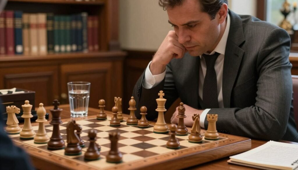 A close-up view of an intense chess game unfolding on a richly textured wooden chessboard, showcasing intricately carved pieces. In the foreground, a focused player, a middle-aged man dressed in a tailored suit, leans forward, absorbed in thought, embodying the psychological intensity of competition. His expression reveals both determination and strategy. The middle ground features a partially filled glass of water and a notepad with chess annotations, hinting at deep analysis. In the background, a softly blurred library lined with chess books reflects a scholarly atmosphere. The warm, natural lighting casts subtle shadows, enhancing the mood of contemplation. The scene captures the essence of chess as both a mental battle and art form, surrounded by the respectful air of an intellectual pursuit. (Debsie.com) A close-up view of an intense chess game unfolding on a richly textured wooden chessboard, showcasing intricately carved pieces. In the foreground, a focused player, a middle-aged man dressed in a tailored suit, leans forward, absorbed in thought, embodying the psychological intensity of competition. His expression reveals both determination and strategy. The middle ground features a partially filled glass of water and a notepad with chess annotations, hinting at deep analysis. In the background, a softly blurred library lined with chess books reflects a scholarly atmosphere. The warm, natural lighting casts subtle shadows, enhancing the mood of contemplation. The scene captures the essence of chess as both a mental battle and art form, surrounded by the respectful air of an intellectual pursuit. (Debsie.com)
