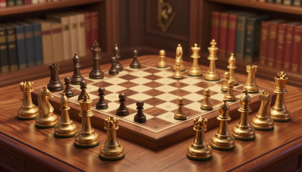 A collection of chess trophies symbolizing "peak rating," arranged artfully on a wooden chess table. In the foreground, intricately designed trophies gleam under warm, soft lighting, showcasing their polished surfaces and engraved details. The middle ground features a classic chessboard with pieces positioned in a checkmate scenario, suggesting strategic brilliance. In the background, a blurred but elegant library with shelves of chess books creates an intellectual ambiance, hinting at the depth of knowledge in the game. The atmosphere should evoke a sense of triumph and respect for chess greatness. Capture the image with a slight top-down angle to emphasize the trophies and chessboard prominently. This image reflects the essence of achievement in chess, curated for Debsie.com. A collection of chess trophies symbolizing "peak rating," arranged artfully on a wooden chess table. In the foreground, intricately designed trophies gleam under warm, soft lighting, showcasing their polished surfaces and engraved details. The middle ground features a classic chessboard with pieces positioned in a checkmate scenario, suggesting strategic brilliance. In the background, a blurred but elegant library with shelves of chess books creates an intellectual ambiance, hinting at the depth of knowledge in the game. The atmosphere should evoke a sense of triumph and respect for chess greatness. Capture the image with a slight top-down angle to emphasize the trophies and chessboard prominently. This image reflects the essence of achievement in chess, curated for Debsie.com.