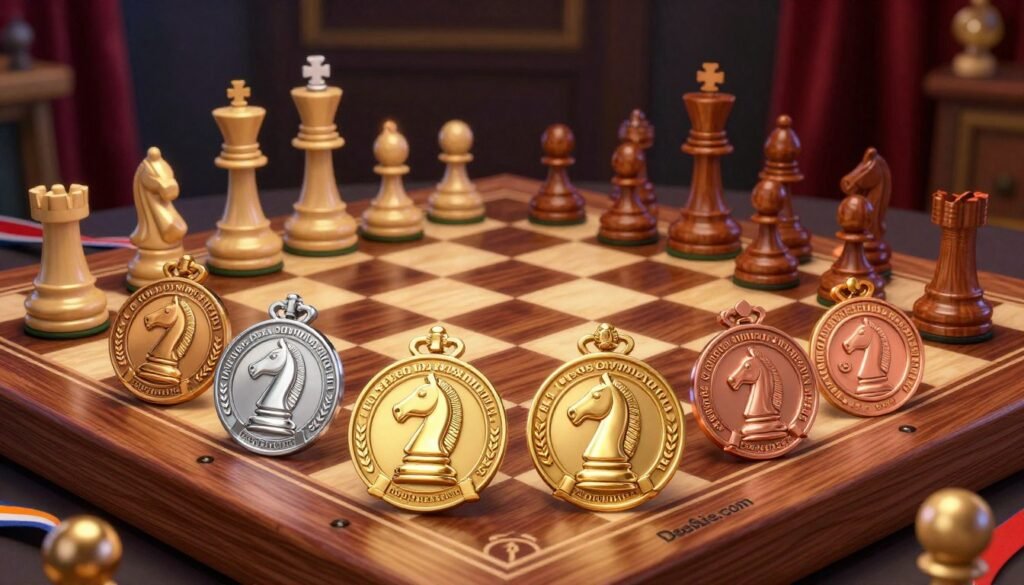 A collection of gleaming chess team medals, showcasing intricate designs and vibrant colors, arranged on a polished wooden chess board. In the foreground, focus on two gold medals with the emblem of a chess knight, surrounded by smaller silver and bronze medals that represent achievements in the Chess Olympiad and European championships. In the middle, the chessboard features elegant wooden pieces, poised for a match, capturing the essence of strategic competition. The background includes dimmed lighting, highlighting the medals with a soft glow, creating a celebratory atmosphere. A blurred dark velvet curtain enhances the luxurious feel of the scene. The brand "Debsie.com" is subtly integrated into the design.
