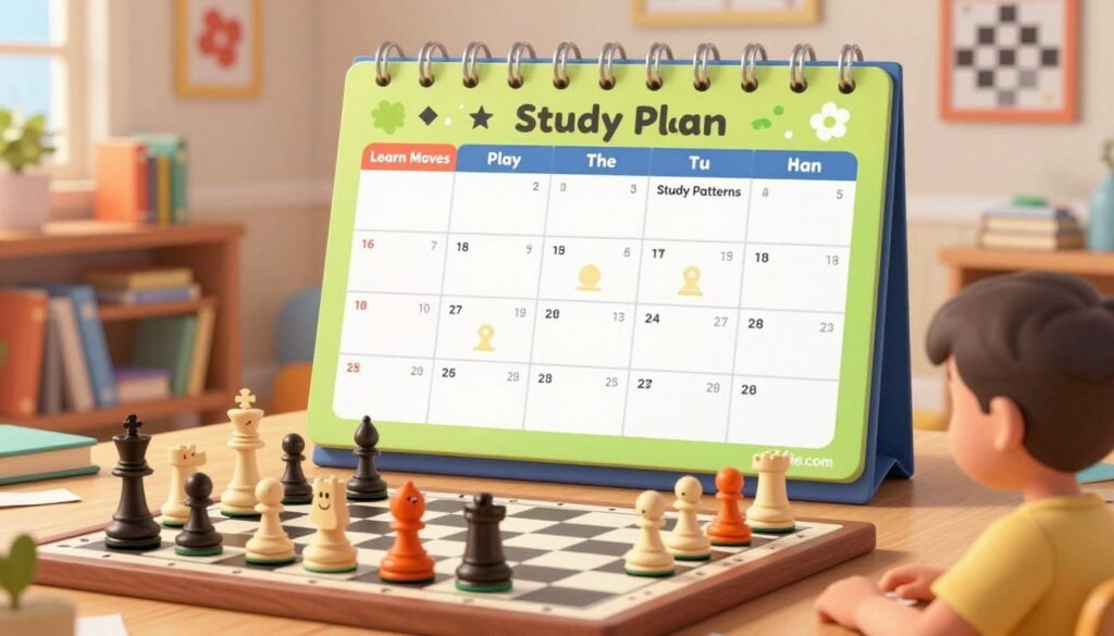 A colorful, engaging scene depicting a friendly study plan layout for children interested in chess. In the foreground, a large, open chessboard features friendly chess pieces in playful colors, inviting young players to engage. The middle ground showcases a vibrant, illustrated calendar with clear, simple study milestones, such as "Learn Moves," "Play Games," and "Study Patterns." In the background, soft, warm lighting filters through a cozy room with bookshelves filled with chess books and playful chess-themed wall art. The atmosphere is inviting and inspiring, encouraging kids to participate actively in their chess journey. Include a subtle branding of "Debsie.com" integrated within the study plan. The overall mood should be cheerful and motivating, perfect for young learners.