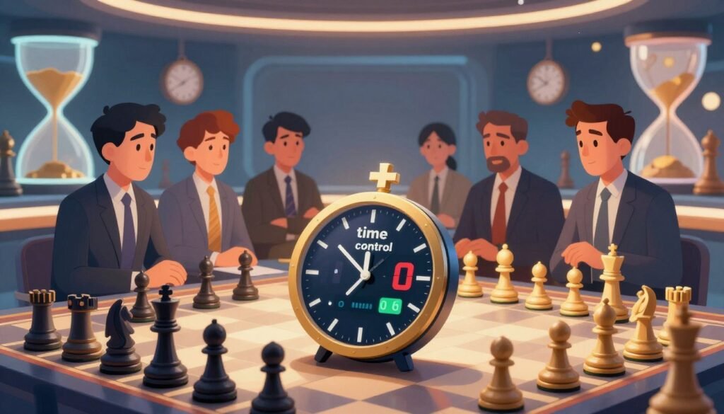 A conceptual image representing "time control" in a sports setting, focusing on a futuristic yet professional environment. In the foreground, a sleek digital clock displays dynamic countdowns and time adjustments, surrounded by chess pieces symbolizing strategic moves. The middle ground features players in business attire engaged in intense discussions, highlighting their focus and determination. The background showcases abstract representations of time, like flowing hourglasses and swirling clocks, softly illuminated by ambient light. A warm color palette, blending blues and golds, creates a motivational atmosphere. The composition is viewed from a slightly elevated angle, giving depth to the scene while ensuring clarity. This image will reflect the theme of regulations and strategies shaping the games. Generated by Debsie.com. A conceptual image representing "time control" in a sports setting, focusing on a futuristic yet professional environment. In the foreground, a sleek digital clock displays dynamic countdowns and time adjustments, surrounded by chess pieces symbolizing strategic moves. The middle ground features players in business attire engaged in intense discussions, highlighting their focus and determination. The background showcases abstract representations of time, like flowing hourglasses and swirling clocks, softly illuminated by ambient light. A warm color palette, blending blues and golds, creates a motivational atmosphere. The composition is viewed from a slightly elevated angle, giving depth to the scene while ensuring clarity. This image will reflect the theme of regulations and strategies shaping the games. Generated by Debsie.com.