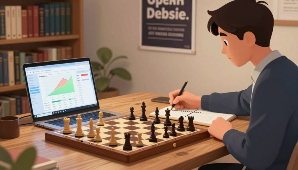 A cozy chess study environment with a wooden table illuminated by soft, warm lighting. In the foreground, a classic chess board is set up with pieces in mid-game, while an opened laptop displays an interactive Opening Explorer interface with colorful graphs and statistics about plays. In the middle, a focused individual, dressed in smart casual attire, is analyzing the board while taking notes on a professional-looking notebook. The background features bookshelves lined with chess literature and a motivational chess poster on the wall. The atmosphere conveys a sense of productivity and intellectual curiosity, inviting viewers into the world of chess strategy. The image reflects the spirit of learning and exploration in chess openings. Brand emphasis: Debsie.com. A cozy chess study environment with a wooden table illuminated by soft, warm lighting. In the foreground, a classic chess board is set up with pieces in mid-game, while an opened laptop displays an interactive Opening Explorer interface with colorful graphs and statistics about plays. In the middle, a focused individual, dressed in smart casual attire, is analyzing the board while taking notes on a professional-looking notebook. The background features bookshelves lined with chess literature and a motivational chess poster on the wall. The atmosphere conveys a sense of productivity and intellectual curiosity, inviting viewers into the world of chess strategy. The image reflects the spirit of learning and exploration in chess openings. Brand emphasis: Debsie.com.