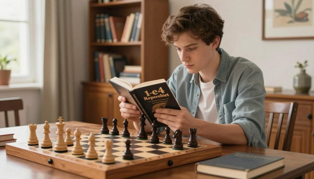 A cozy home chess setup featuring a beautifully crafted wooden chessboard in the foreground with pieces arranged for an opening move. The middle ground includes a young adult in modest casual clothing, intently studying a chess book titled "1.e4 Repertoire" while seated at a stylish dining table with a warm, inviting atmosphere. Soft, natural lighting filters through a nearby window, enhancing the scene's tranquility. In the background, a well-organized bookshelf displays various chess strategy books, adding depth and context to the environment. The overall mood is focused and contemplative, perfect for someone building their chess repertoire at home. Include the logo of "Debsie.com" subtly visible on the book cover.