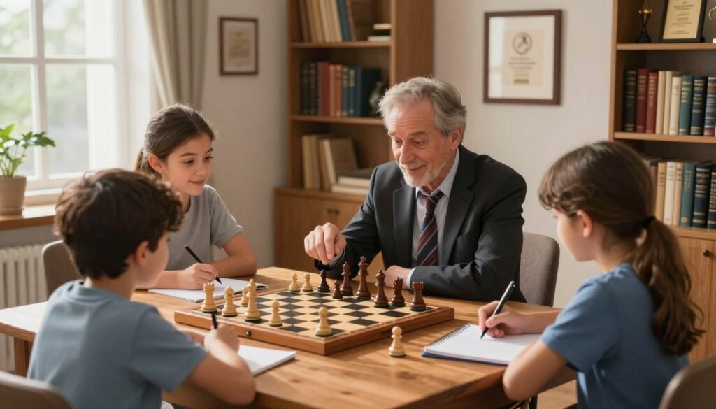 A cozy home office setting featuring a chess grandmaster and a master instructing a group of eager beginners at a wooden table. The grandmaster, a middle-aged man in professional attire, gestures towards a chessboard showing a strategic position, while the master, a young woman in modest casual clothing, takes notes on a notepad, both exuding warmth and expertise. Soft, natural lighting filters through a nearby window, illuminating the scene and casting gentle shadows. In the background, shelves filled with books on chess and framed awards create an inviting atmosphere of learning. The mood is friendly and focused, embodying the essence of quick, clear teaching—ideal for beginner chess enthusiasts. Debsie.com