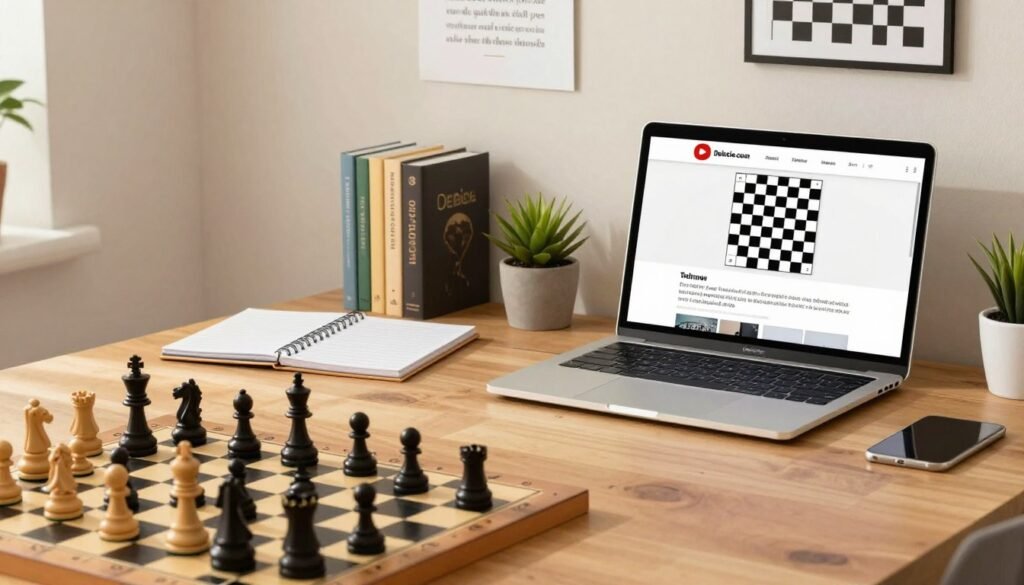 A cozy home workspace designed for a beginner chess YouTube channel, featuring a chessboard and pieces prominently in the foreground, with an inviting laptop displaying chess tutorials. In the middle, a well-organized desk with a notepad and chess books, accented by a small plant. In the background, a soft-lit wall adorned with chess-themed artwork and motivational quotes. The lighting is warm and natural, suggesting a calm, focused atmosphere. The scene is shot from a slight angle to highlight the chessboard and materials, evoking a friendly, approachable vibe for beginner learners. The brand name 'Debsie.com' subtly integrated into the design, enhancing the professional yet relaxing environment.