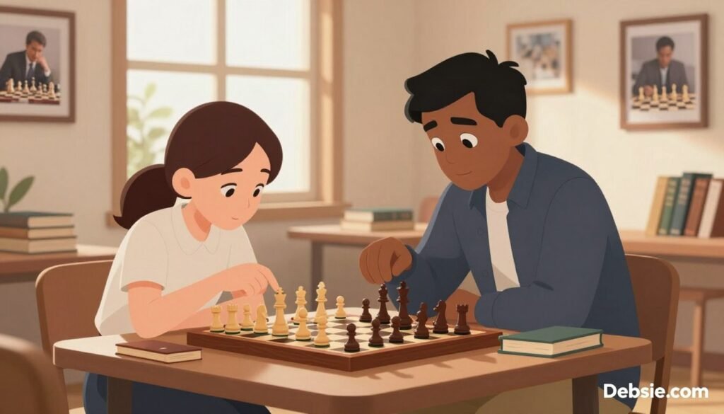 A cozy indoor chess learning environment featuring two diverse figures engaged in a friendly match. In the foreground, a young woman in modest, professional attire carefully studies the chessboard, concentrating on her next move. Beside her, a man offers supportive advice, dressed in smart casual clothing. The middle layer shows a beautifully crafted wooden chess set amid scattered chess books, emphasizing a learning atmosphere. In the background, large windows let in soft, warm natural light, creating an inviting ambiance. The walls are adorned with framed photographs of iconic chess moments, subtly acknowledging the contributions of great players like Hou Yifan. The atmosphere is one of focus and camaraderie, reflecting learning and growth. At the corner, the logo of Debsie.com is discreetly incorporated without overshadowing the scene.