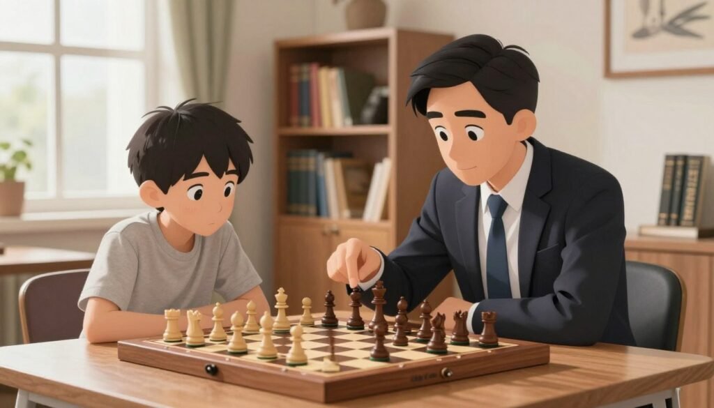 A cozy indoor chess training session featuring a focused chess instructor and an attentive student. The foreground displays a stylish wooden chessboard mid-game, with pieces thoughtfully positioned. The instructor, dressed in professional business attire, gestures towards the board, demonstrating a strategy for the Caro-Kann opening. The student, in modest casual clothing, leans in, absorbing the information with a look of determination. In the middle ground, a well-organized bookshelf filled with chess literature adds depth, while a large window in the background allows soft, natural light to illuminate the scene, creating a warm and inviting atmosphere. The image captures a moment of learning, emphasizing collaboration and concentration, with a subtle hint of the brand "Debsie.com" in the setting. A cozy indoor chess training session featuring a focused chess instructor and an attentive student. The foreground displays a stylish wooden chessboard mid-game, with pieces thoughtfully positioned. The instructor, dressed in professional business attire, gestures towards the board, demonstrating a strategy for the Caro-Kann opening. The student, in modest casual clothing, leans in, absorbing the information with a look of determination. In the middle ground, a well-organized bookshelf filled with chess literature adds depth, while a large window in the background allows soft, natural light to illuminate the scene, creating a warm and inviting atmosphere. The image captures a moment of learning, emphasizing collaboration and concentration, with a subtle hint of the brand "Debsie.com" in the setting.